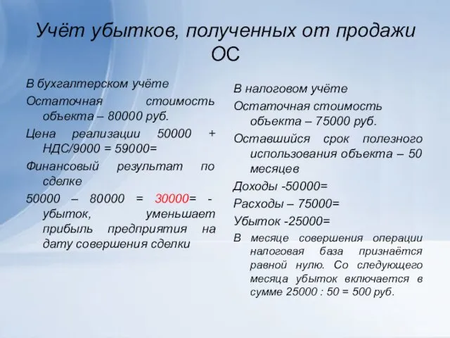 Учёт убытков, полученных от продажи ОС В бухгалтерском учёте Остаточная стоимость