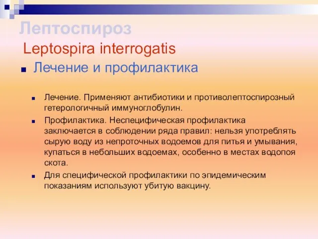 Лечение. Применяют антибиотики и противолептоспирозный гетерологичный иммуноглобулин. Профилактика. Неспецифическая профилактика заключается