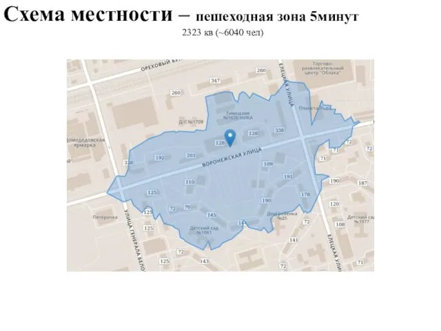 Схема местности – пешеходная зона 5минут 2323 кв (~6040 чел)