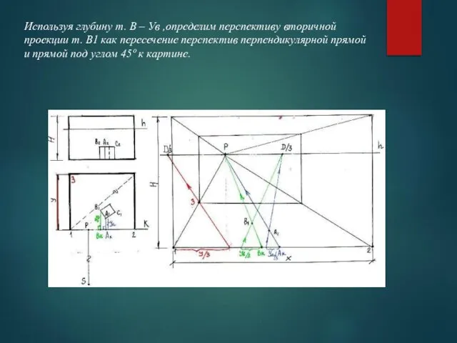 Используя глубину т. В – Ув ,определим перспективу вторичной проекции т.