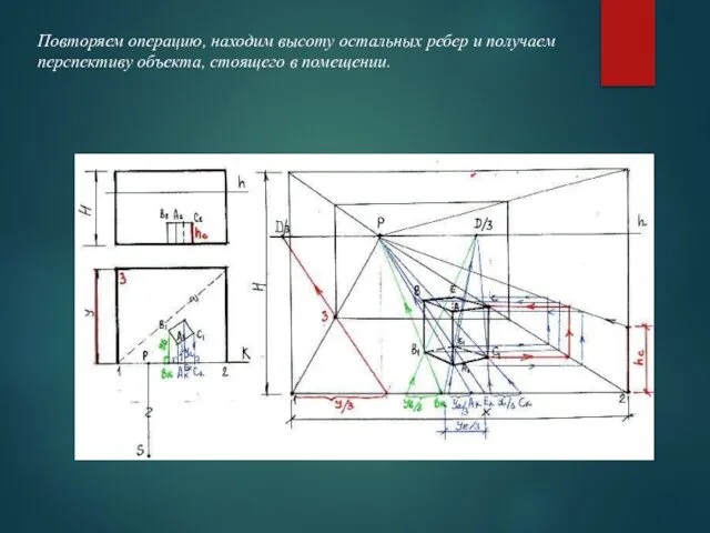 Повторяем операцию, находим высоту остальных ребер и получаем перспективу объекта, стоящего в помещении.