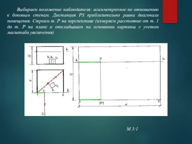 Выбираем положение наблюдателя: асимметричное по отношению к боковым стенам. Дистанция РS