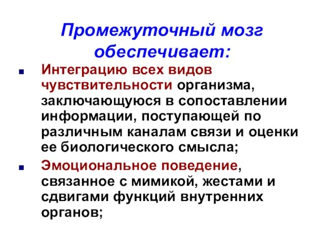 Промежуточный мозг обеспечивает: Интеграцию всех видов чувствительности организма, заключающуюся в сопоставлении