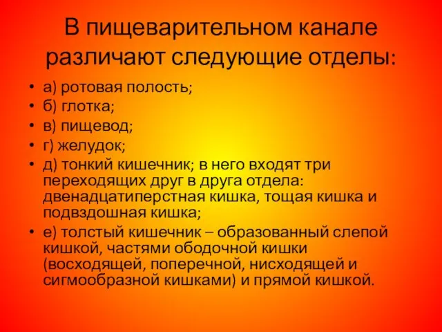 В пищеварительном канале различают следующие отделы: а) ротовая полость; б) глотка;