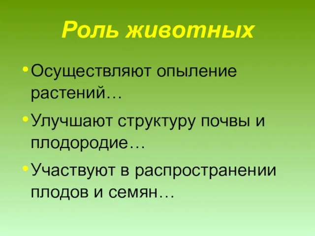 Роль животных Осуществляют опыление растений… Улучшают структуру почвы и плодородие… Участвуют в распространении плодов и семян…