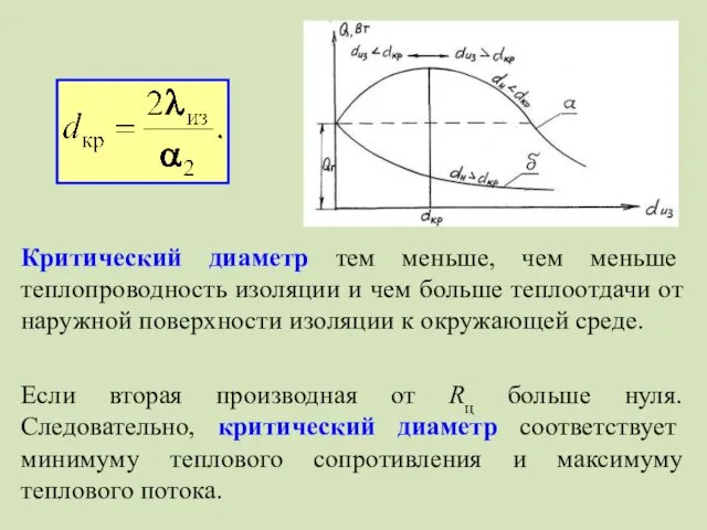 Критический диаметр тем меньше, чем меньше теплопроводность изоляции и чем больше