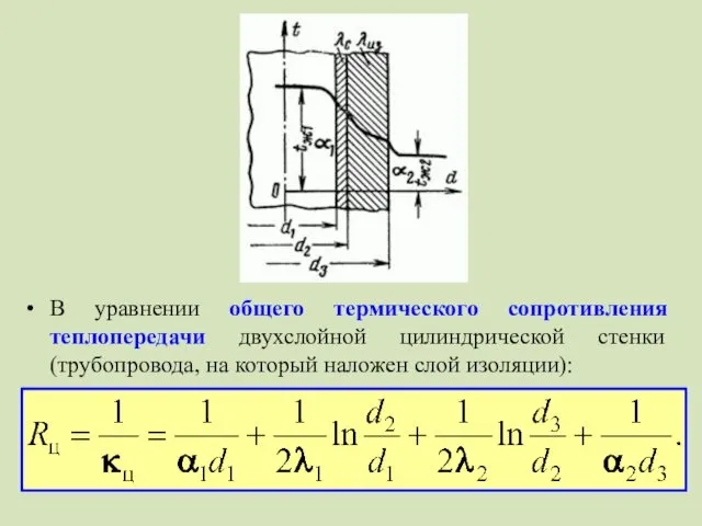 В уравнении общего термического сопротивления теплопередачи двухслойной цилиндрической стенки (трубопровода, на который наложен слой изоляции):