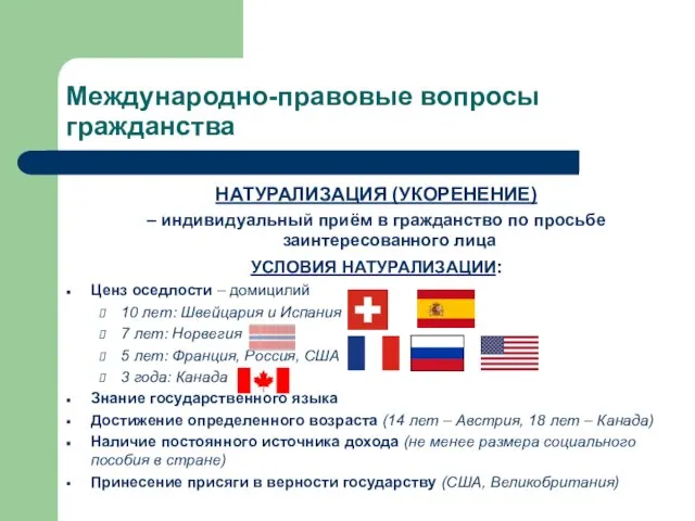 Международно-правовые вопросы гражданства НАТУРАЛИЗАЦИЯ (УКОРЕНЕНИЕ) – индивидуальный приём в гражданство по