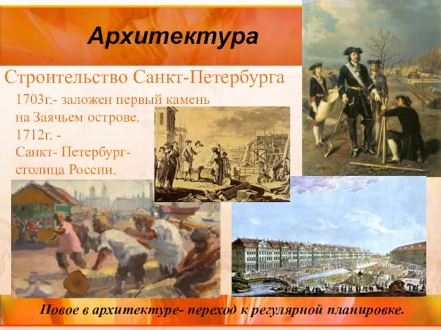 Архитектура Строительство Санкт-Петербурга 1703г.- заложен первый камень на Заячьем острове. 1712г.