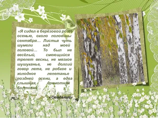 «Я сидел в берёзовой роще осенью, около половины сентября… Листья чуть