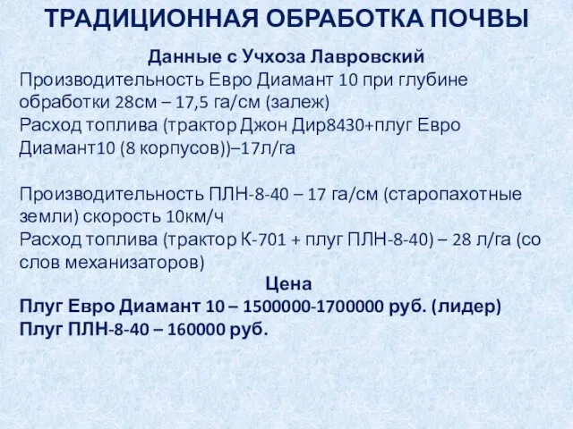 Данные с Учхоза Лавровский Производительность Евро Диамант 10 при глубине обработки