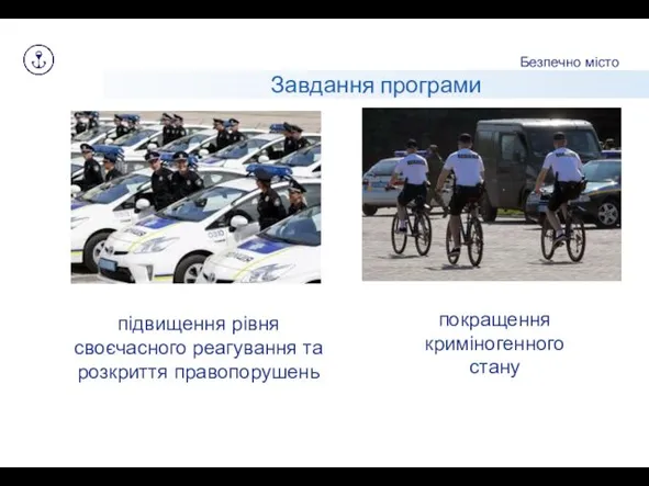 Безпечно місто Завдання програми підвищення рівня своєчасного реагування та розкриття правопорушень покращення криміногенного стану