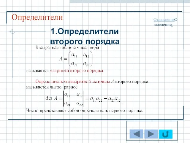 Определители 1.Определители второго порядка ОглавлениеОглавление: