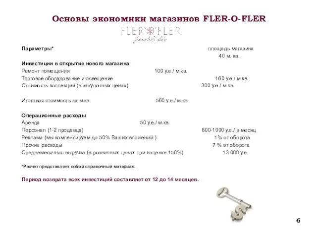 Основы экономики магазинов FLER-O-FLER Параметры* площадь магазина 40 м. кв. Инвестиции