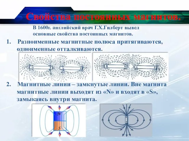 Свойства постоянных магнитов. 1. Разноименные магнитные полюса притягиваются, одноименные отталкиваются. 2.