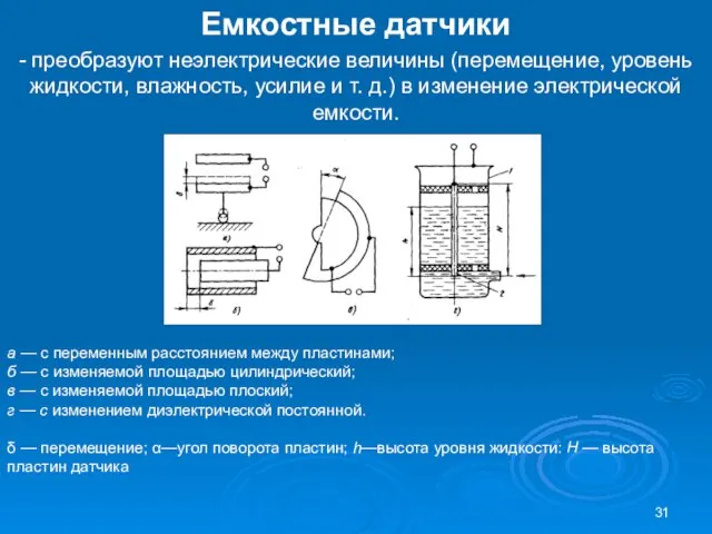 Емкостные датчики - преобразуют неэлектриче­ские величины (перемещение, уровень жидкости, влажность, уси­лие