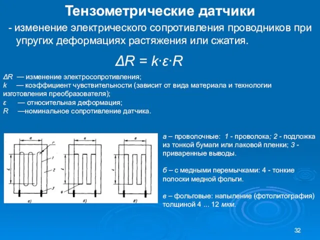 Тензометрические датчики - изменение электрического сопротивления про­водников при упругих деформациях растяжения