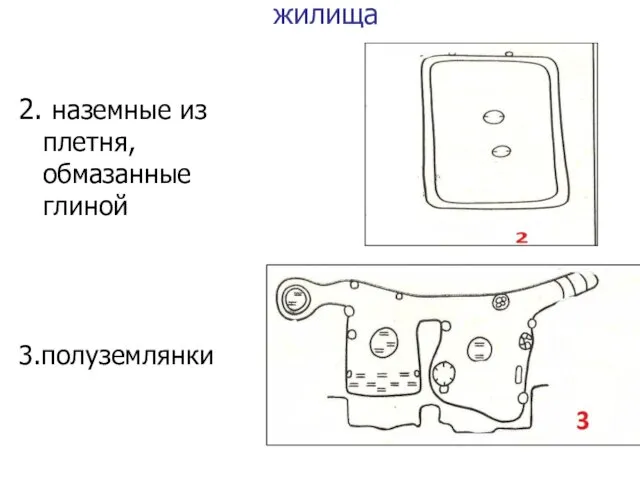 жилища 2. наземные из плетня, обмазанные глиной 3.полуземлянки