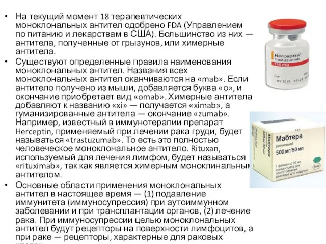 На текущий момент 18 терапевтических моноклональных антител одобрено FDA (Управлением по