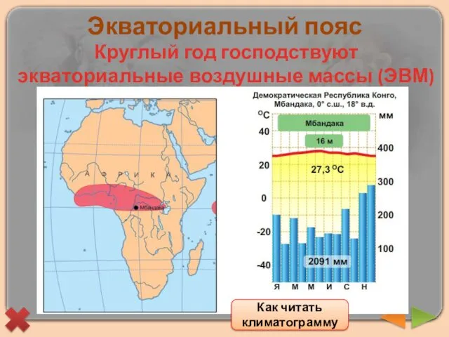 Экваториальный пояс Круглый год господствуют экваториальные воздушные массы (ЭВМ) Как читать климатограмму