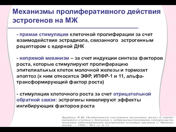 Механизмы пролиферативного действия эстрогенов на МЖ - прямая стимуляция клеточной пролиферации