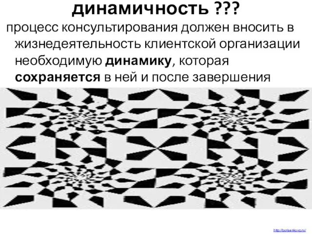 динамичность ??? процесс консультирования должен вносить в жизнедеятельность клиентской организации необходимую