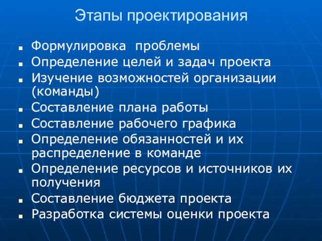 Этапы проектирования Формулировка проблемы Определение целей и задач проекта Изучение возможностей