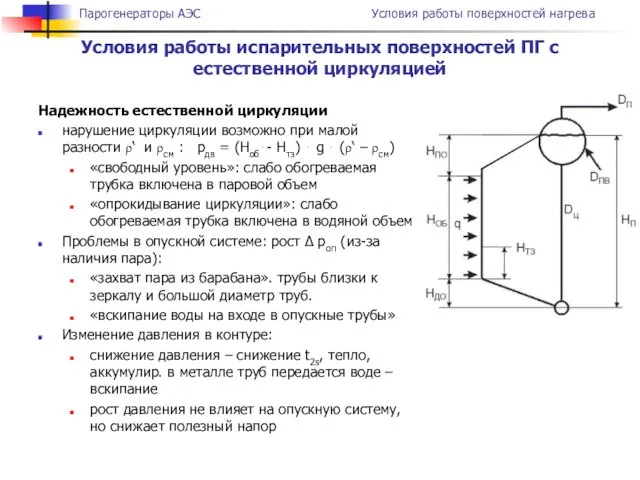 Условия работы испарительных поверхностей ПГ с естественной циркуляцией Надежность естественной циркуляции