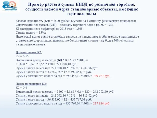 Пример расчета суммы ЕНВД по розничной торговле, осуществляемой через стационарные объекты,