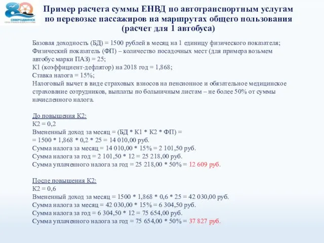 Пример расчета суммы ЕНВД по автотранспортным услугам по перевозке пассажиров на