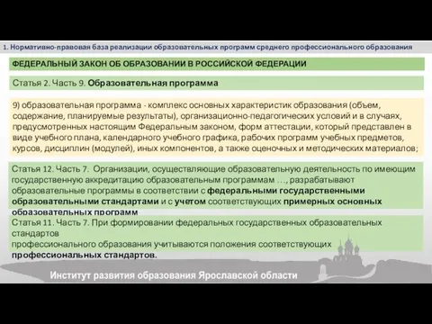 1. Нормативно-правовая база реализации образовательных программ среднего профессионального образования Статья 12.