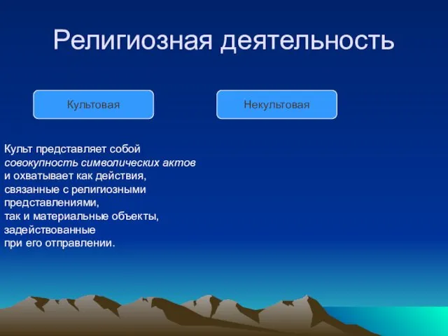 Религиозная деятельность Культовая Некультовая Культ представляет собой совокупность символических актов и