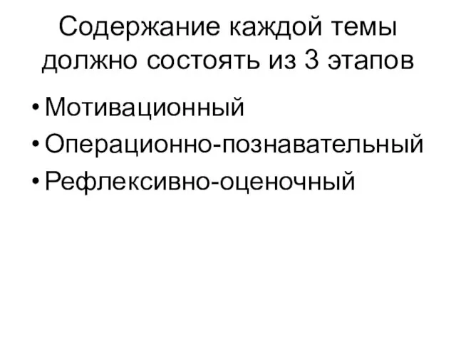 Содержание каждой темы должно состоять из 3 этапов Мотивационный Операционно-познавательный Рефлексивно-оценочный