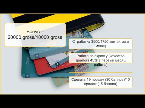 Бонус – 20000 gross/10000 gross Отработка 3500/1750 контактов в месяц Работа