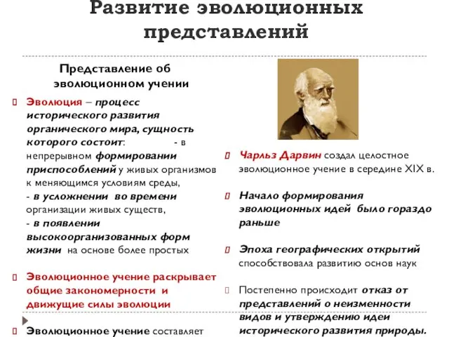 Развитие эволюционных представлений Представление об эволюционном учении Эволюция – процесс исторического