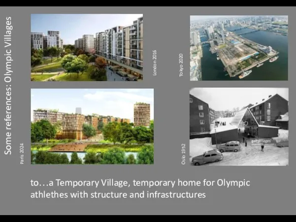 to…a Temporary Village, temporary home for Olympic athlethes with structure and