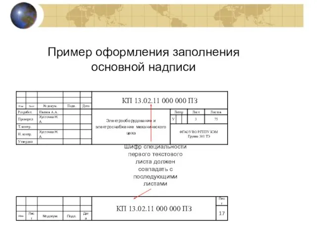 Пример оформления заполнения основной надписи Шифр специальности первого текстового листа должен совпадать с последующими листами