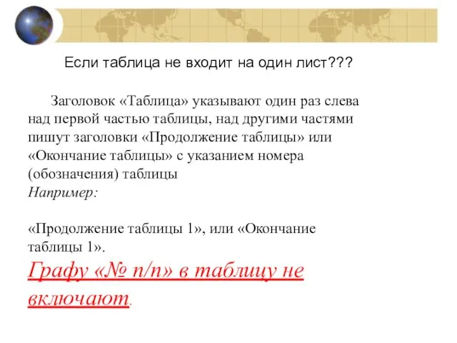 Заголовок «Таблица» указывают один раз слева над первой частью таблицы, над