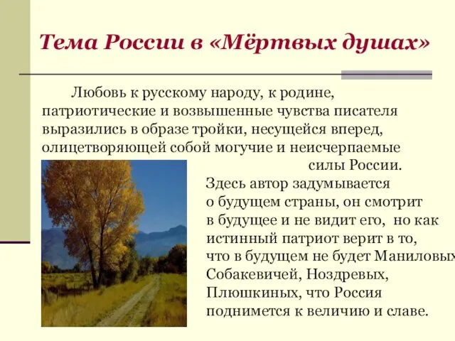 Любовь к русскому народу, к родине, патриотические и возвышенные чувства писателя