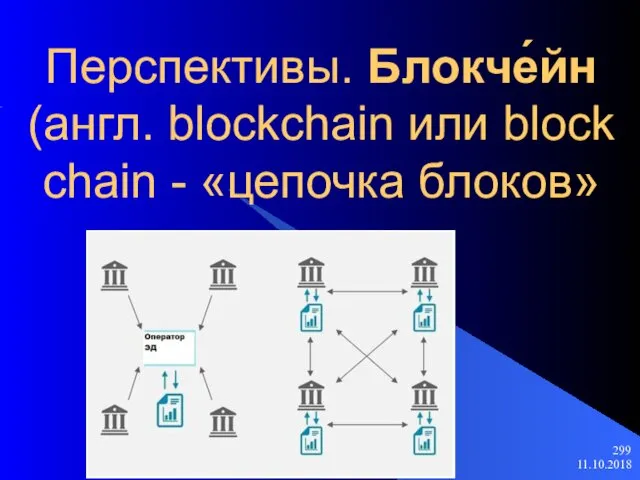 11.10.2018 Перспективы. Блокче́йн (англ. blockchain или block chain - «цепочка блоков»