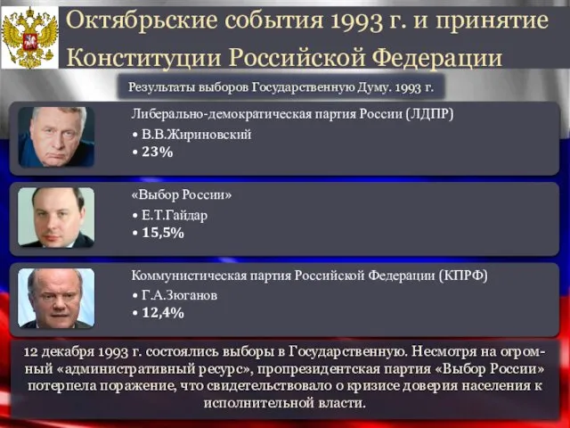 12 декабря 1993 г. состоялись выборы в Государственную. Несмотря на огром-ный