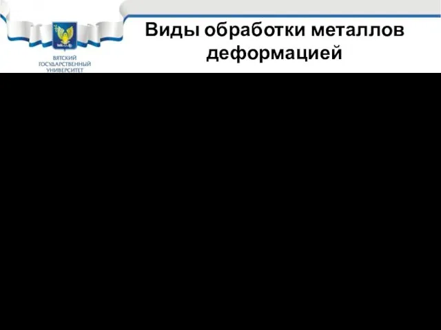 Виды обработки металлов деформацией Прокат Прессование Волочение Ковка Объемная штамповка Листовая штамповка