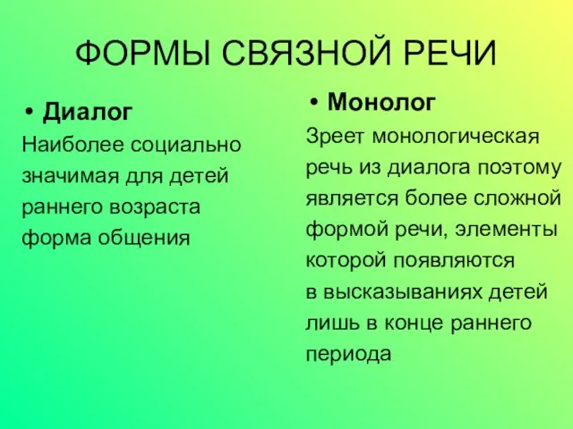 ФОРМЫ СВЯЗНОЙ РЕЧИ Диалог Наиболее социально значимая для детей раннего возраста