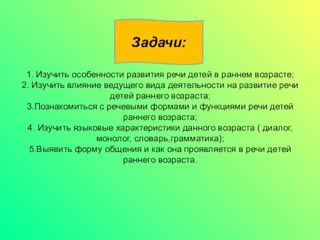 1. Изучить особенности развития речи детей в раннем возрасте; 2. Изучить