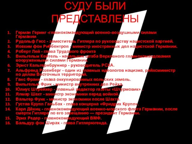 СУДУ БЫЛИ ПРЕДСТАВЛЕНЫ Герман Геринг -главнокомандующий военно-воздушными силами Германии Рудольф Гесс