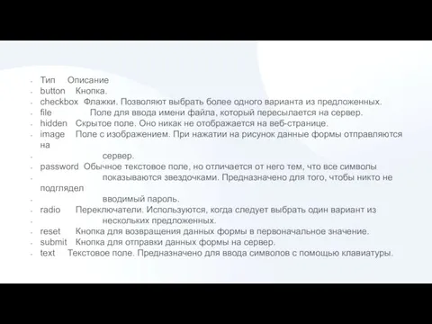 Тип Описание button Кнопка. checkbox Флажки. Позволяют выбрать более одного варианта