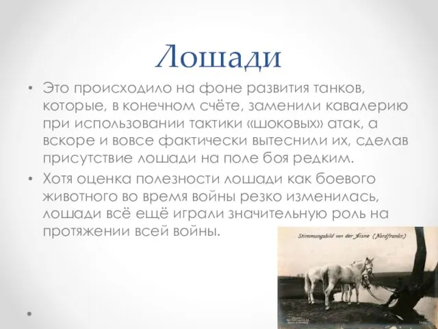 Лошади Это происходило на фоне развития танков, которые, в конечном счёте,