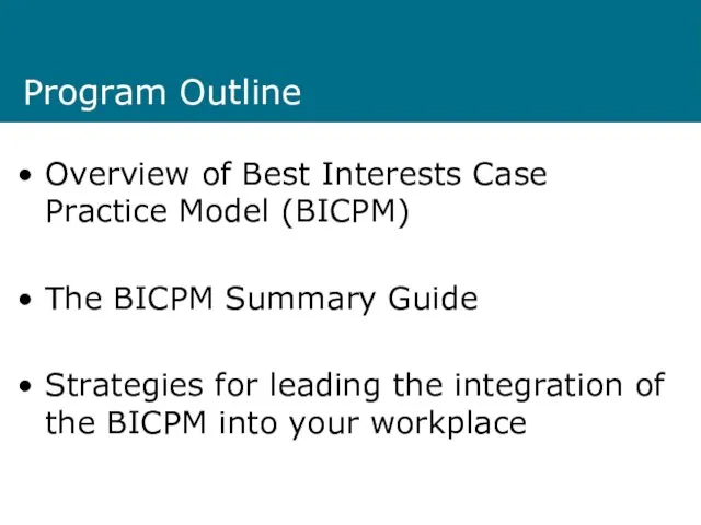 Program Outline Overview of Best Interests Case Practice Model (BICPM) The