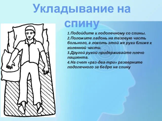 Укладывание на спину 1.Подойдите к подопечному со спины. 2.Положите ладонь на