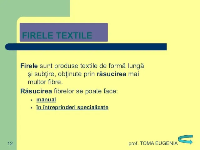 prof. TOMA EUGENIA Firele sunt produse textile de formă lungă şi